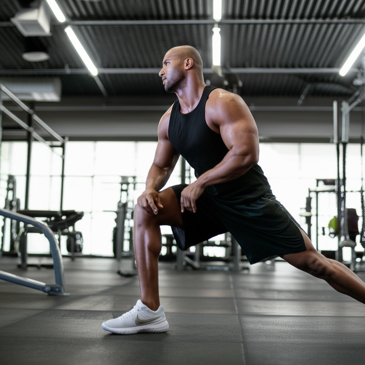 An athlete performing leg swings as part of a dynamic warm-up before a gym workout.