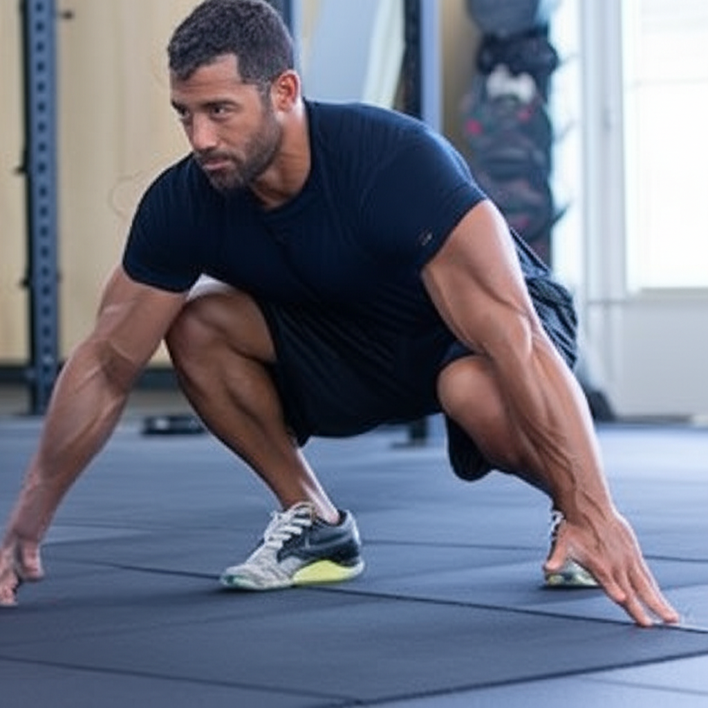 Athlete stretching hip flexors in a gym to improve mobility for weightlifting.