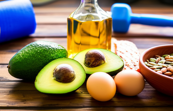 An assortment of healthy fat sources like avocado, mixed nuts, olive oil, salmon, and eggs, essential for gym nutrition and overall well-being.