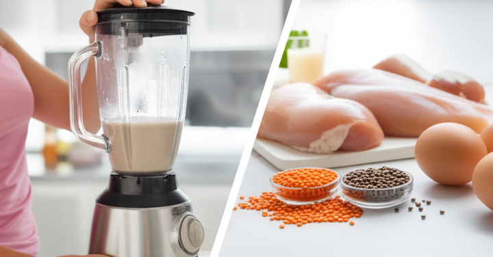 A collage depicting a protein shake being prepared and various whole protein foods like chicken, eggs, and lentils.