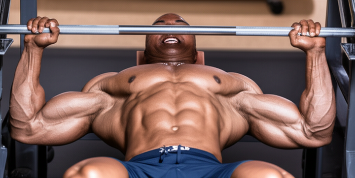 Muscular athlete performing a heavy barbell bench press in a gym, demonstrating strength and focus. Sweat is visible, highlighting the intensity of the workout.
